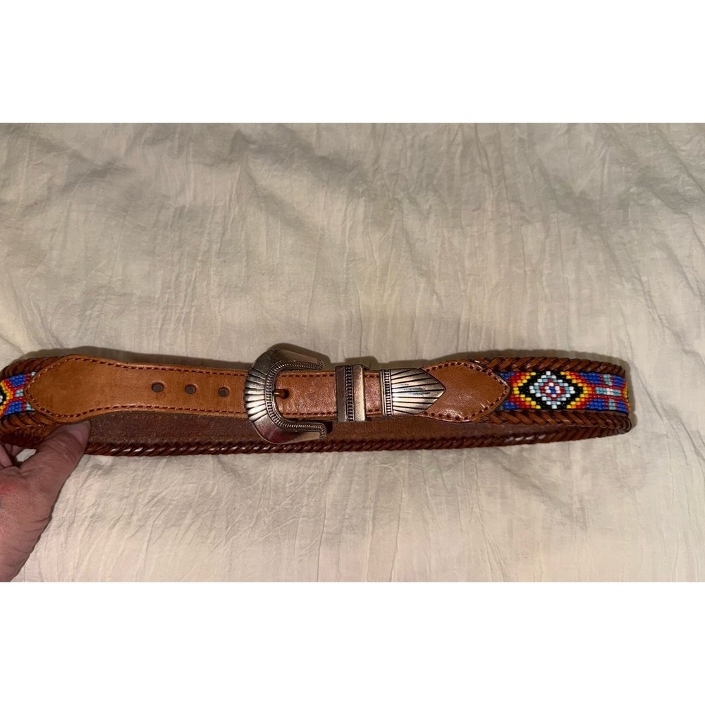 LL Bean vintage 1991 leather Aztec beaded western wear brown belt 28 women's